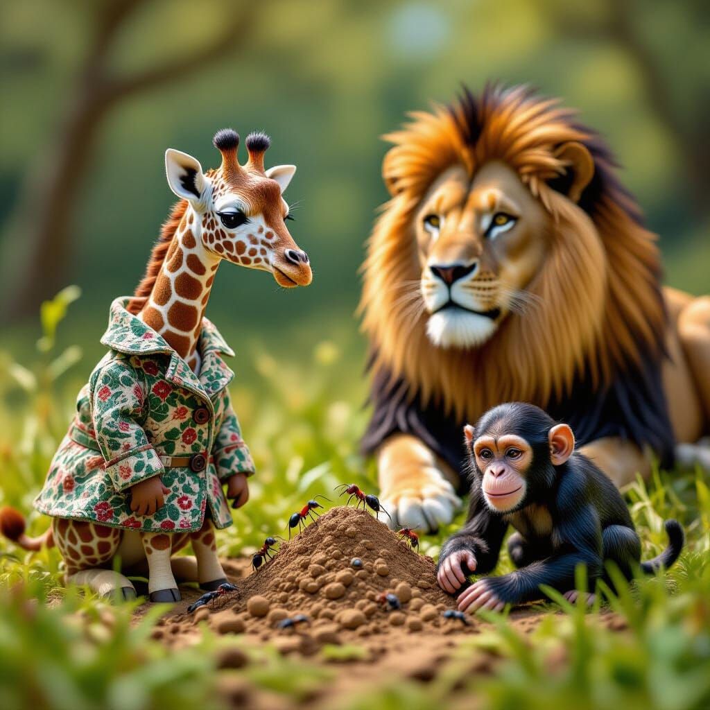 Imagine a hyperrealistic photograph of a miniature giraffe, no bigger than a housecat, curiously observing a colony of industrious ants cons...