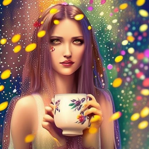 Raindrops on Teacup: Hyperrealistic Splash Art Portrait