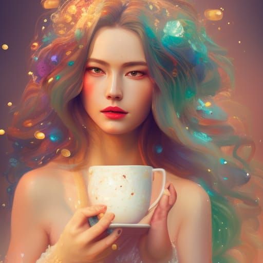 Rainy Day Tea: Hyperrealistic Portrait with Floral Cup