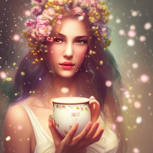 Opulent Woman with Teacup in Hyperrealistic Style