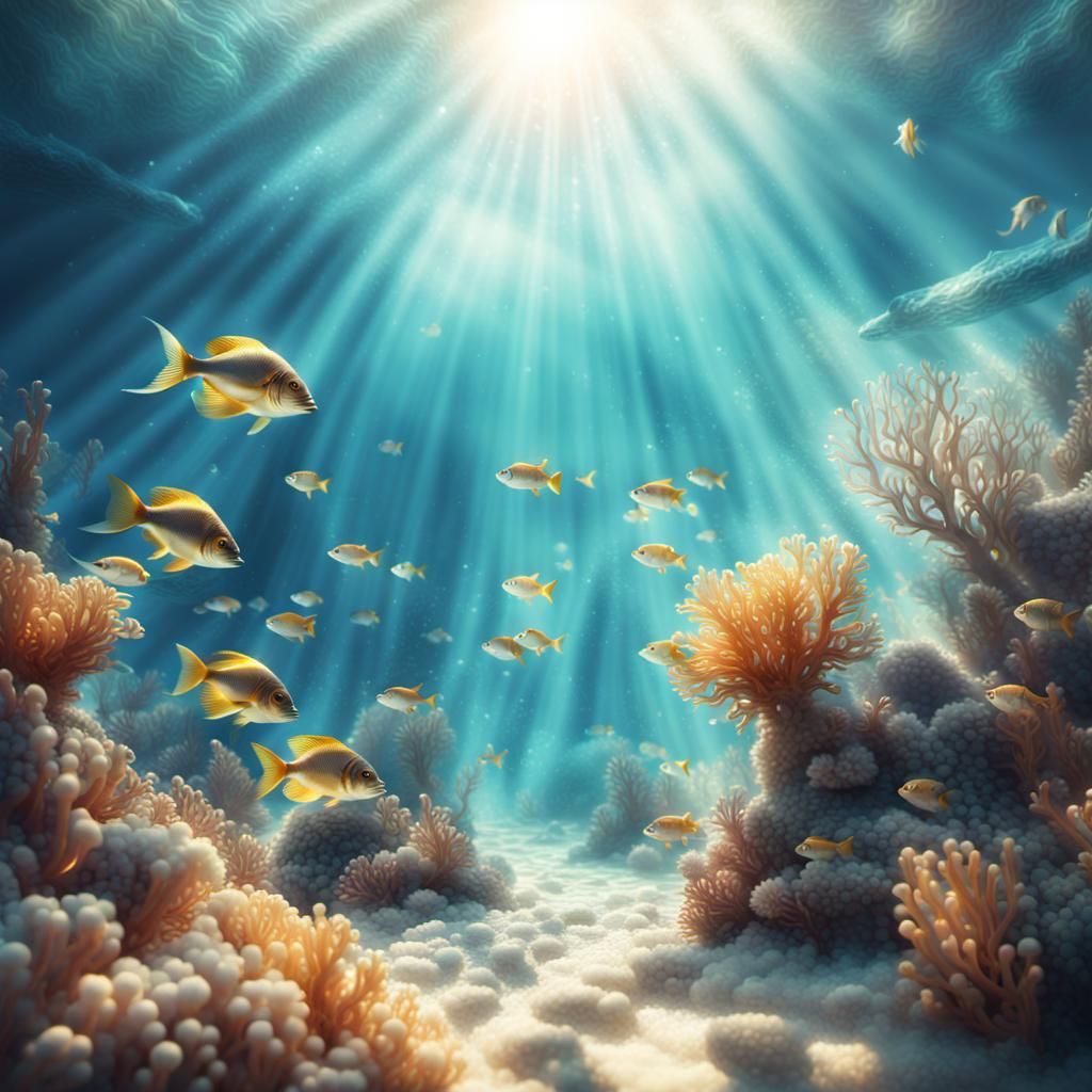 "a shimmering sparkling underwater world in which glittering fish and corals dance in a sea of sparkling light." Epic cinematic brilliant st...