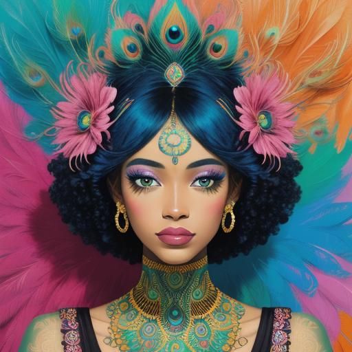 Beautiful woman with blue hair, crown made out of orange flo...