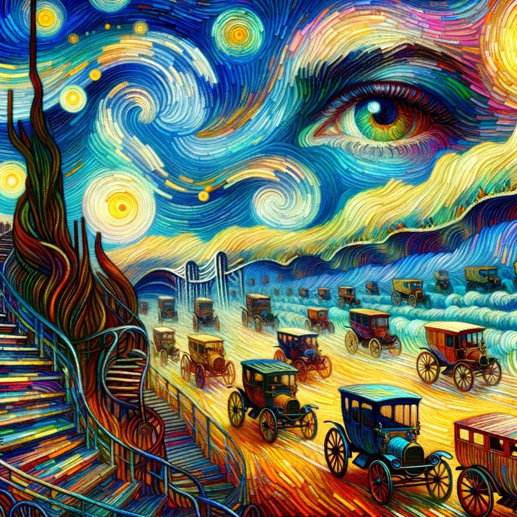 Endless Wheels Roll Up a Hill in a Vibrant, Hyperrealistic S...