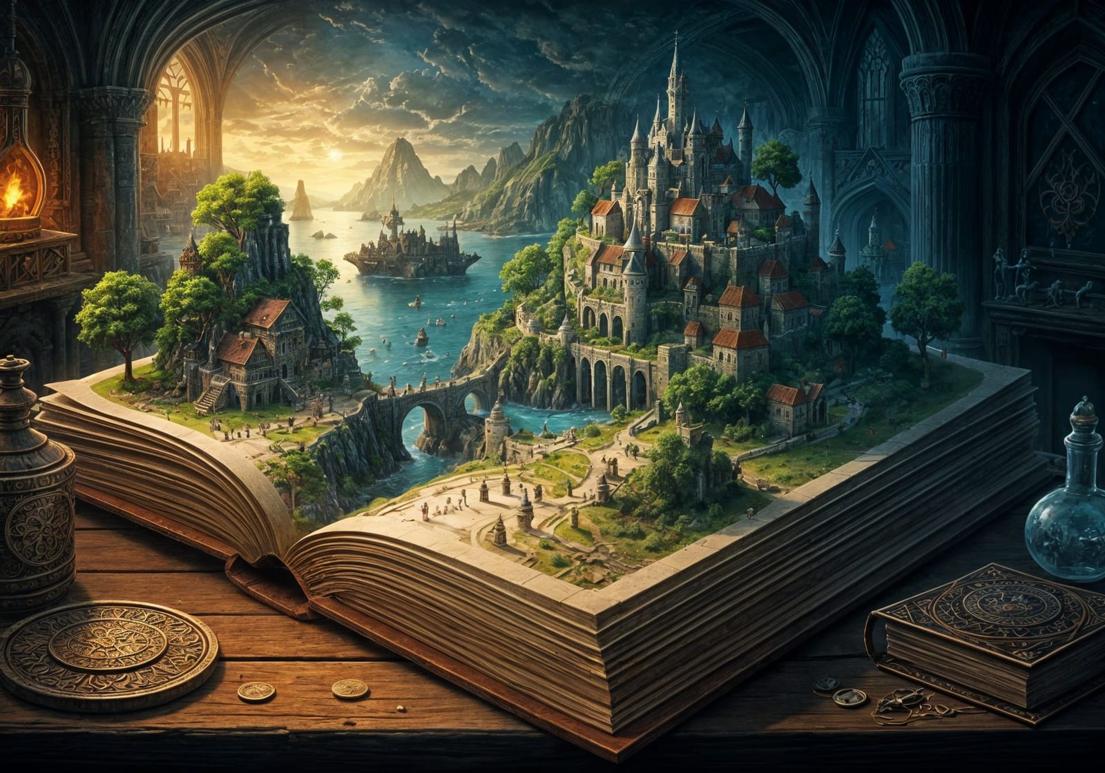 A fantasy civilization emerging from an open book  by @Hinty