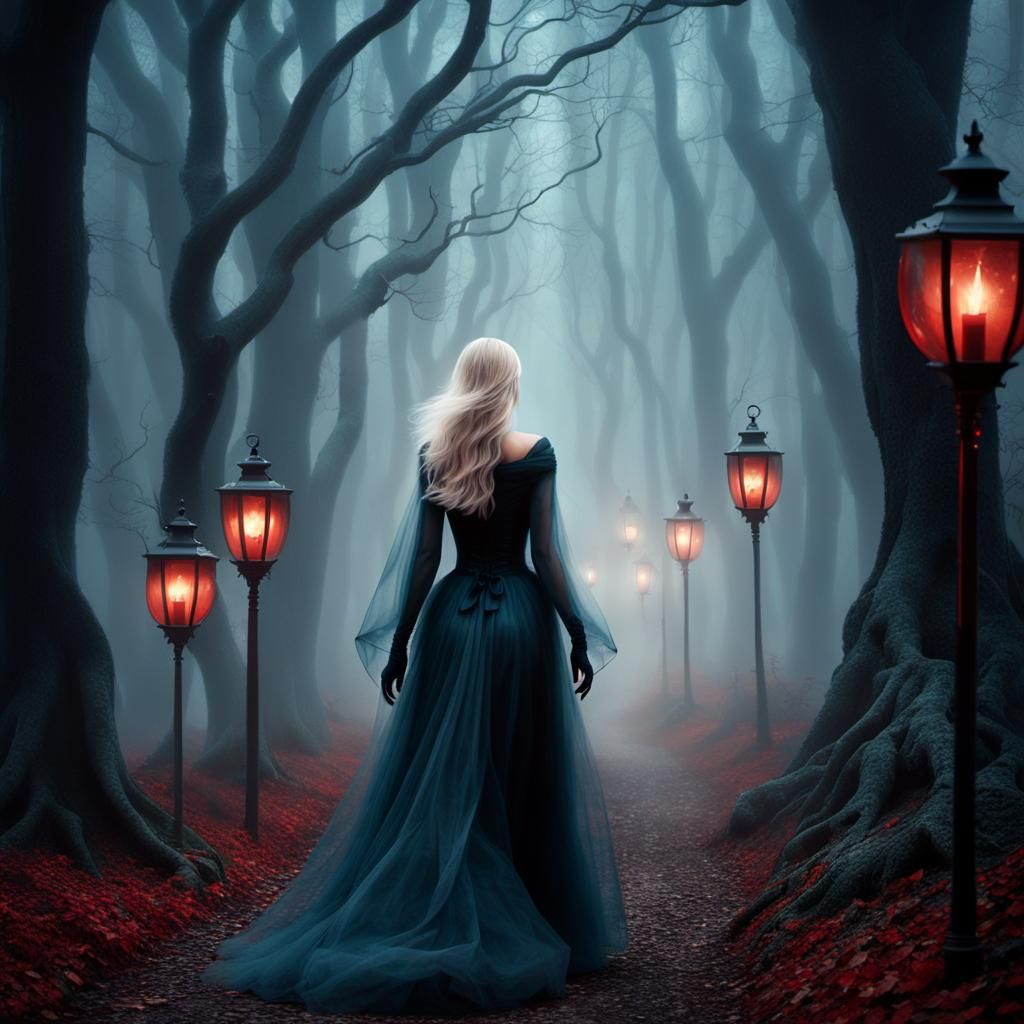 Beautiful blonde, ghostly girl, walking facing towards camer...