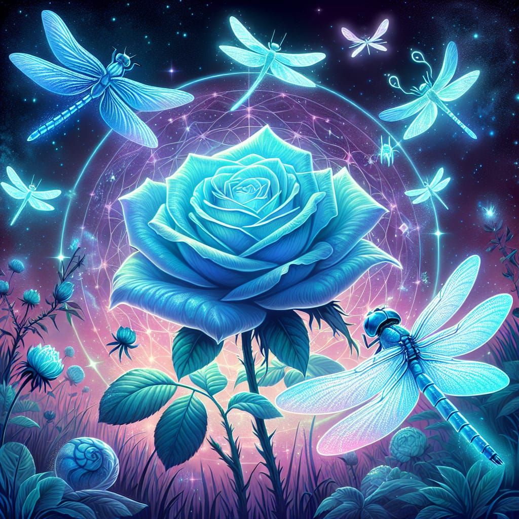 an Ice blue rose in the middle of a meadow with light blue d...