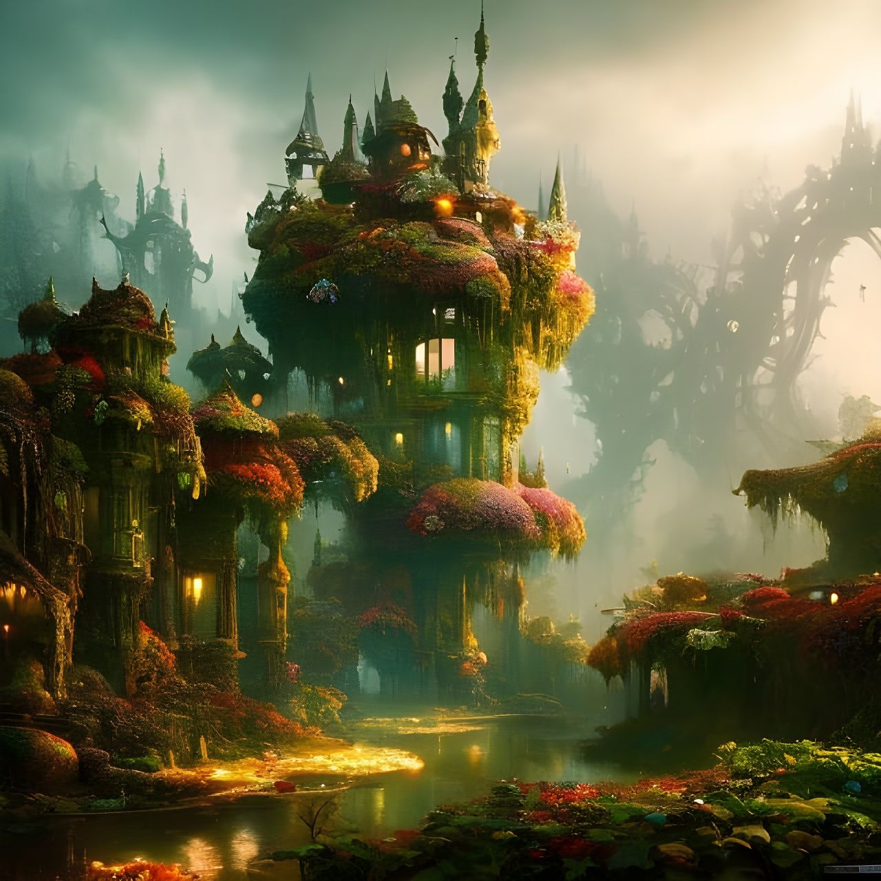 Fairy Village Inside Giant Oak, Digital Art