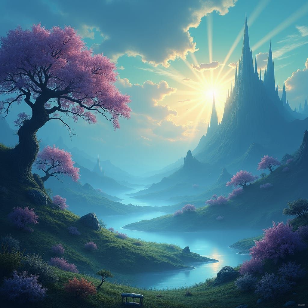 Mystical Dreamlike Landscape with Crystalline Spires