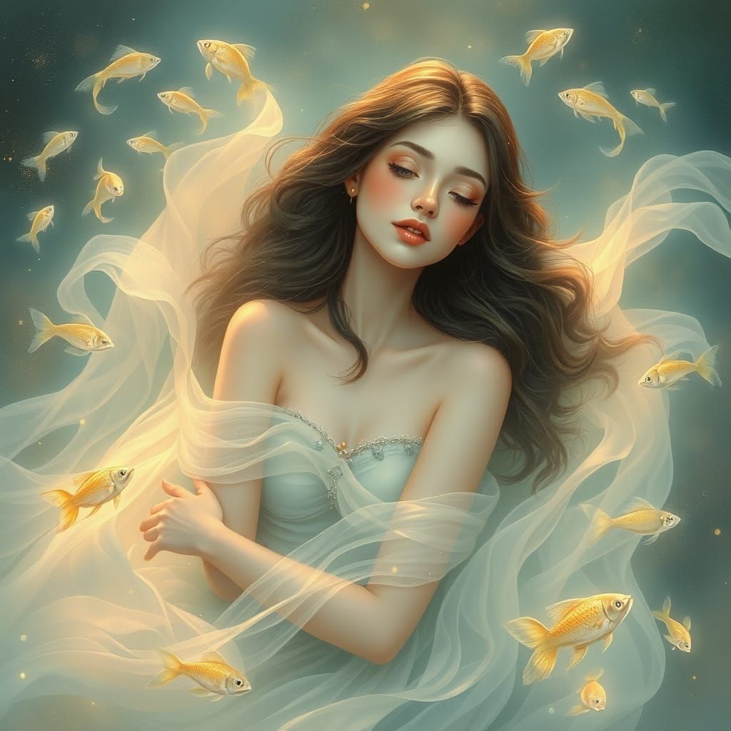 Dreamy Pisces Goddess in Whimsical Aquatic Scene