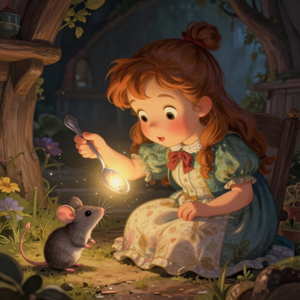 Whimsical Character Feeds Mouse in Cozy Cottage