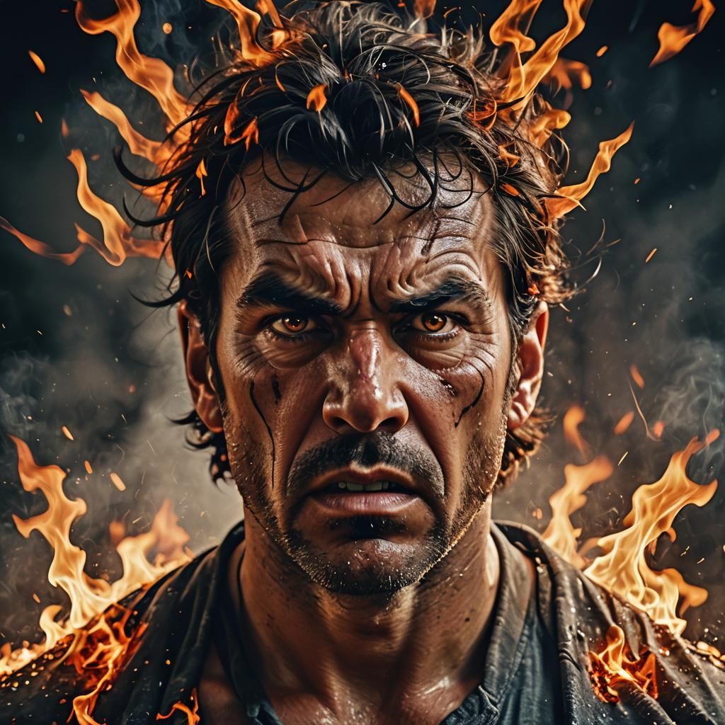 Fiery Portrait of an Angry Man with Sparks