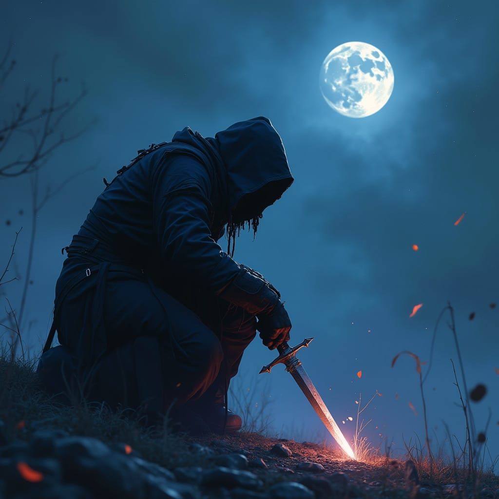 dark scenery, the night in the back ground, in the foreground a assassin in a black hood bent low with ...  by @Jody Nathaniel