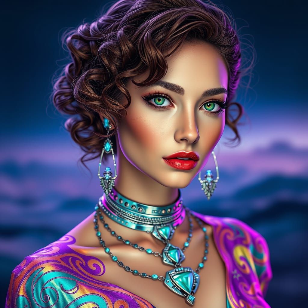 Futuristic Woman in Iridescent Attire with Glowing Jewellery