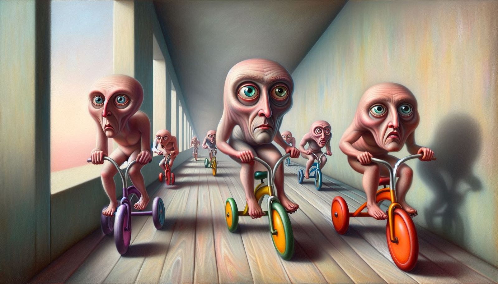 Surreal Funny Adults Racing Tricyles down a Hallway #3, prom...