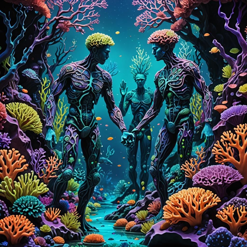Depict two intertwined human figures crafted to resemble cor...