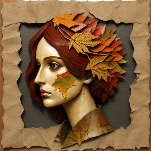 3D, textured torn paper collage art - autumn cozy leaves and...