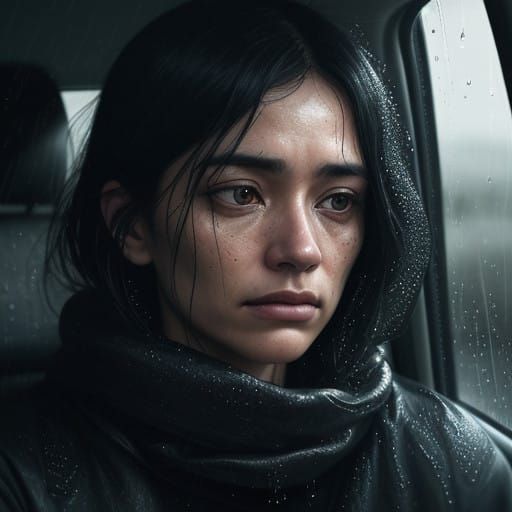 Una persona guarda fuori dal finestrino auto mentre piove, il cui riflesso mostra malinconia  by @Granit9