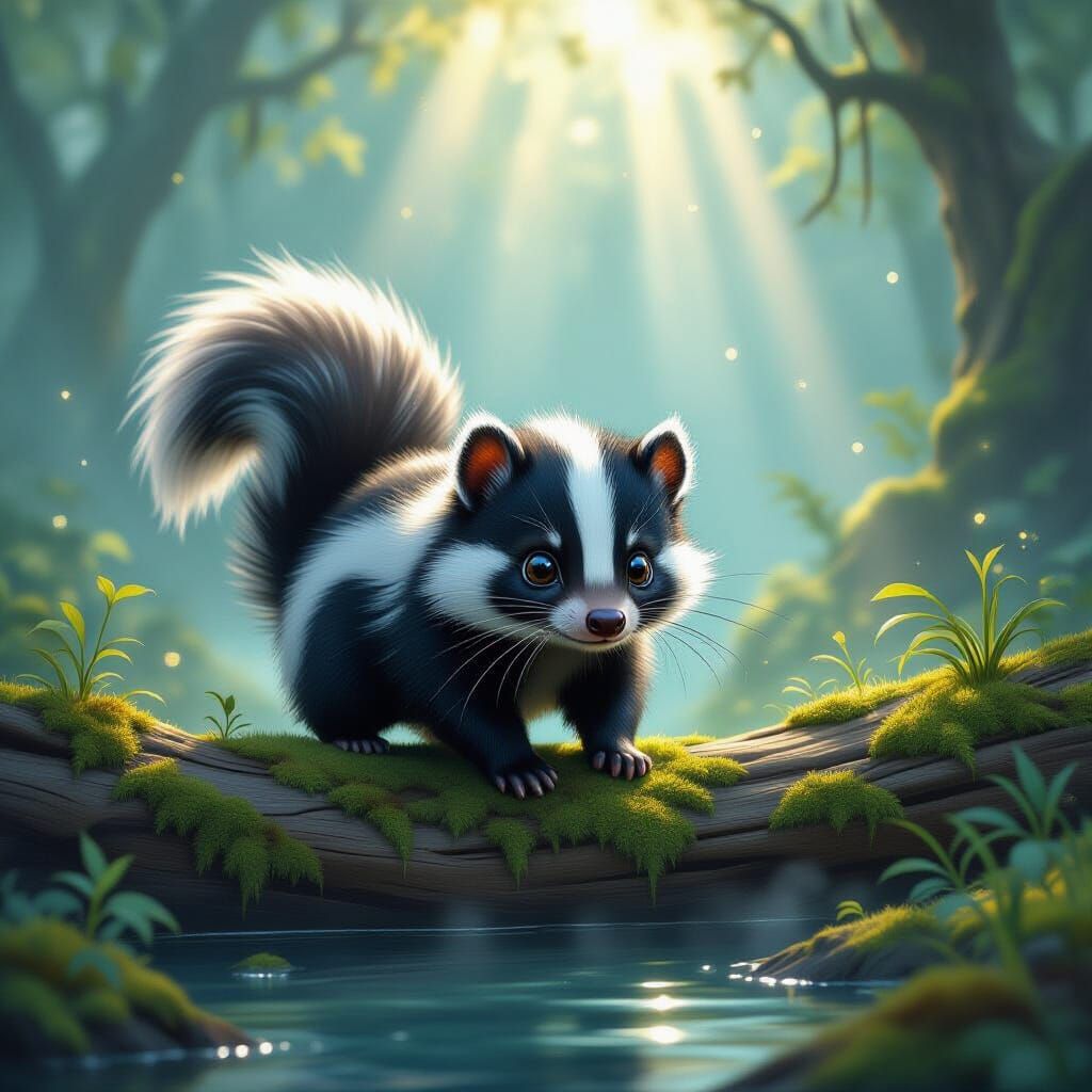 A big eyed skunk is trying to get over a moss covered log in a ethereal forest, there is mist hanging in the background with sun rays shinin...