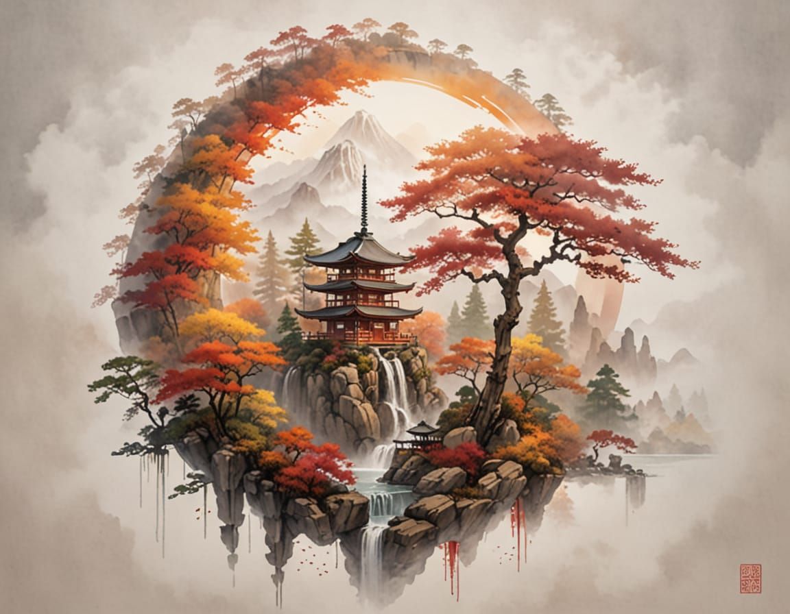 Autumn Waterfall Pagoda Serenity 🍁🏞️💀 #3