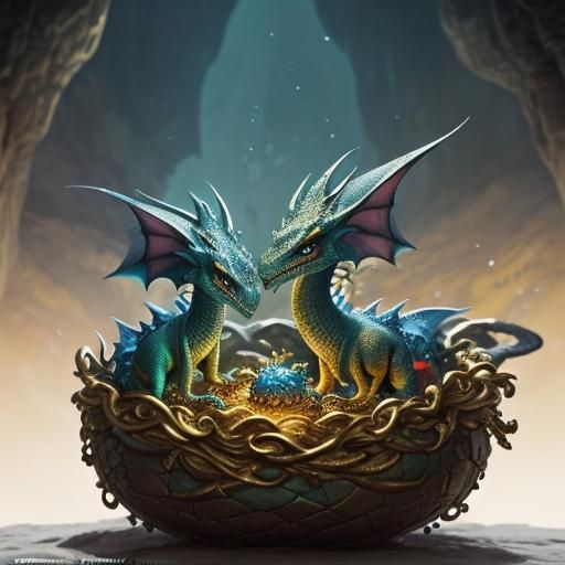 A cute fairytale dragon with baby dragons in a golden treasure nest, in ...