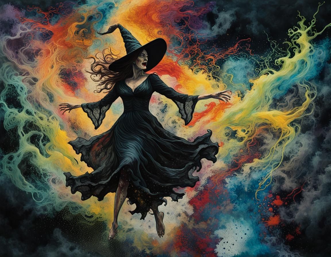 Pulchritudinous, full body dynamic feminine pose, Evil Witch flying, black alcohol ink outline: masterpiece: by Android jones, Jackson poll...
