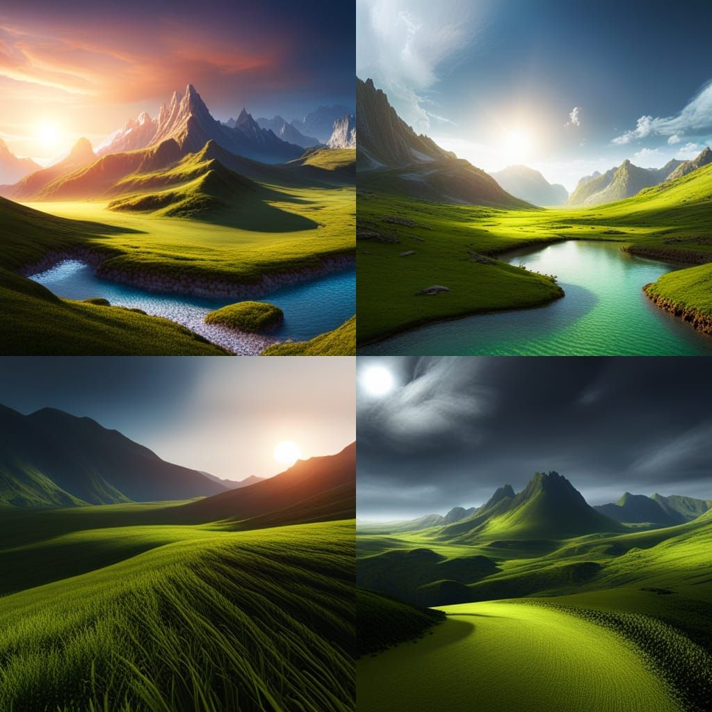 Beautiful green meadows, mountains and setting sunlight