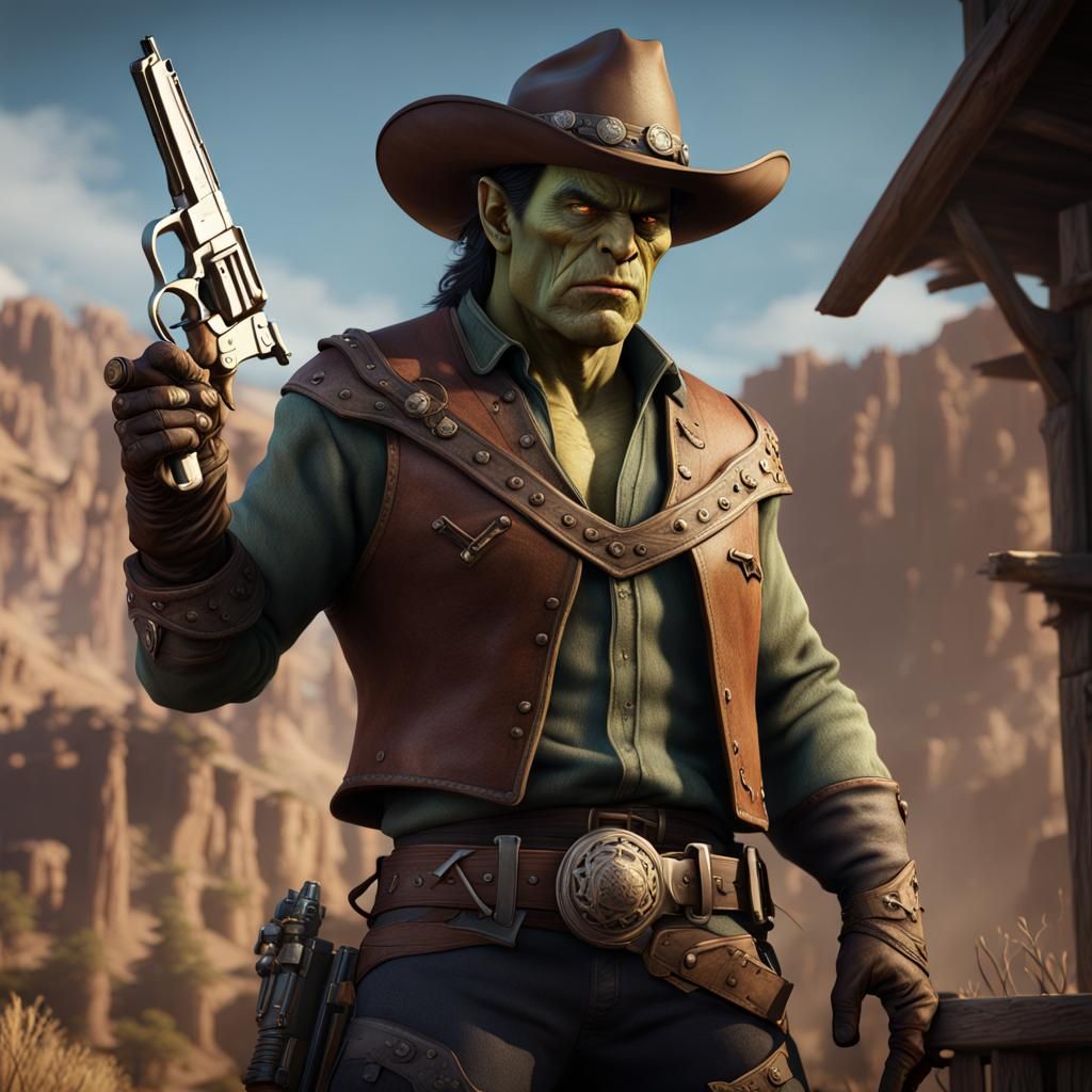 Half-orc, sheriff with guns cowboy