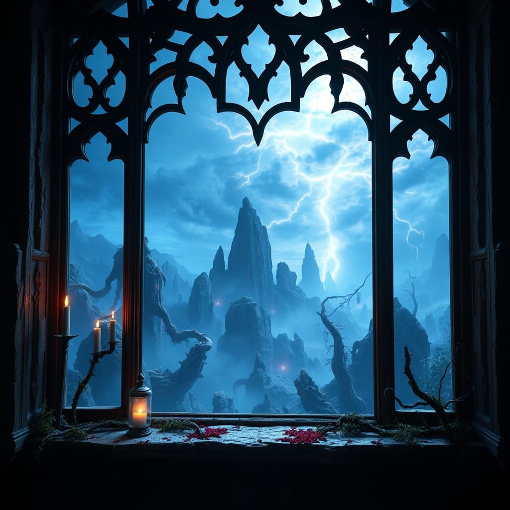 A wide open window overlooking the demon world. Detail. Superrealism. Horror.