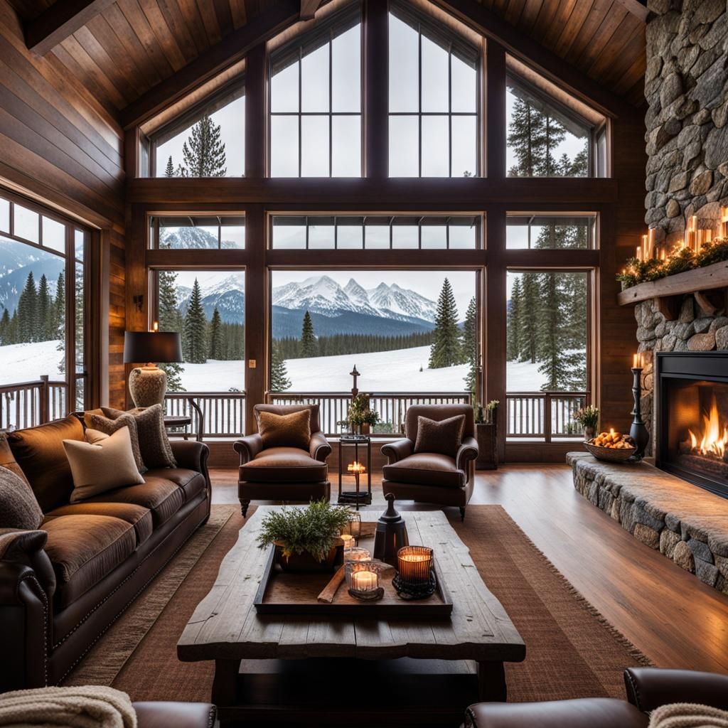 Cozy rustic living room with fireplace in the center  by @geogirl13