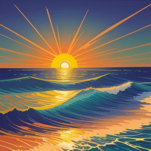 Art Nouveau Sunset Over Calm Sea