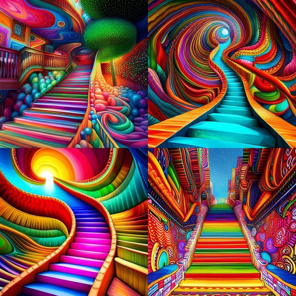 Psychedelic staircase zig zagging up to a portal entrance ho...