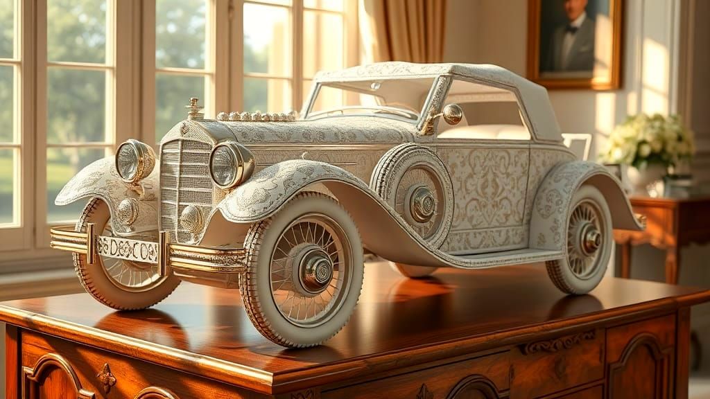 3D lace artwork of a classic, vintage car crafted and adorned entirely in lace, including headlights, ...  by @Hugo Raul