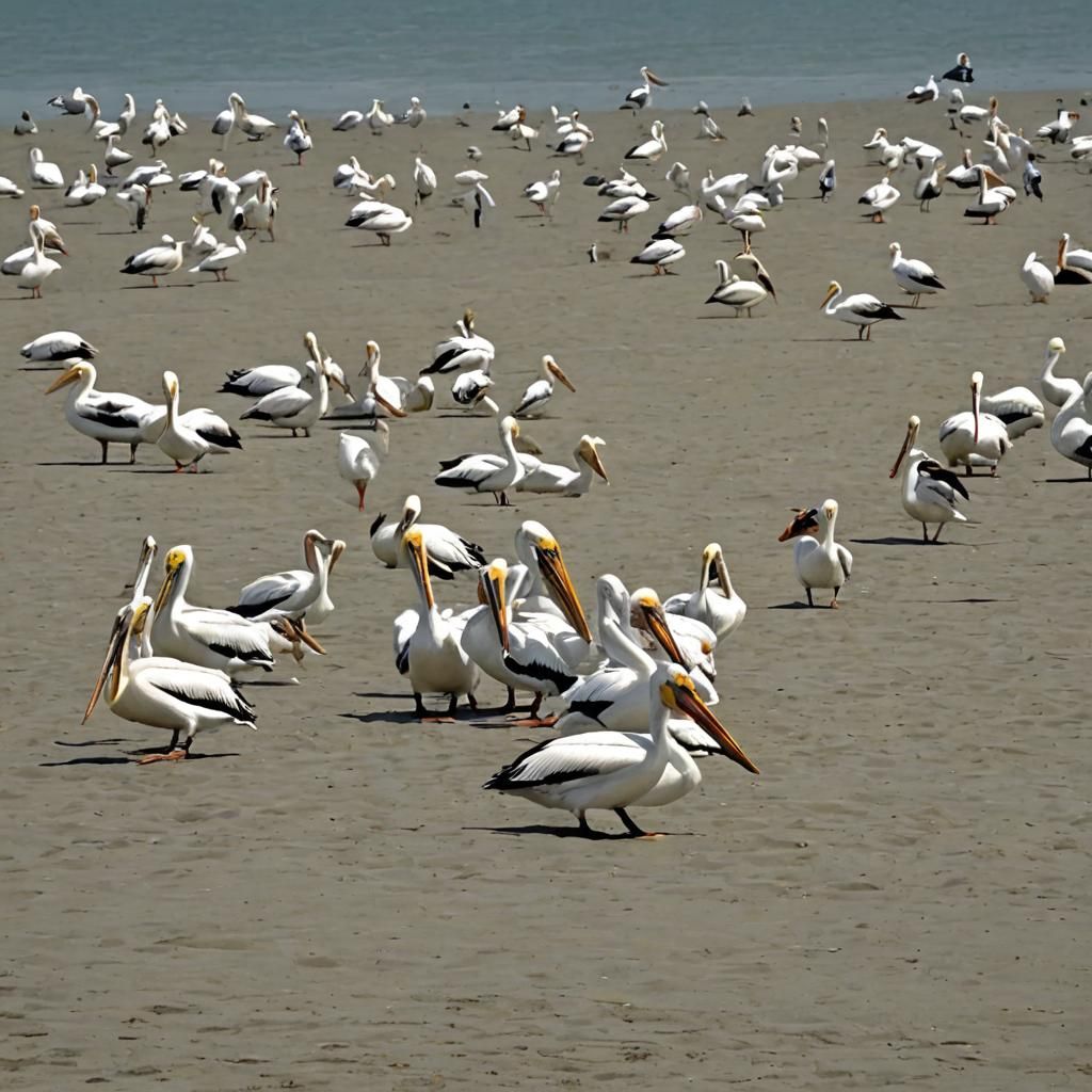 White pelicans playing basketball at venice beach