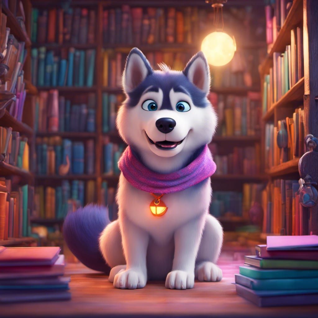 Husky dog librarian inside magical colorful library