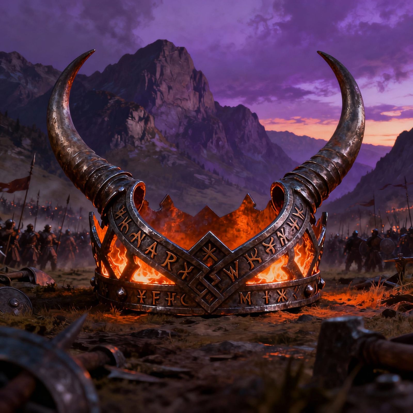 A ceremonial warrior-king’s crown shaped like interlocking iron horns, engraved with ancient runes, embers ...  by @Phronc