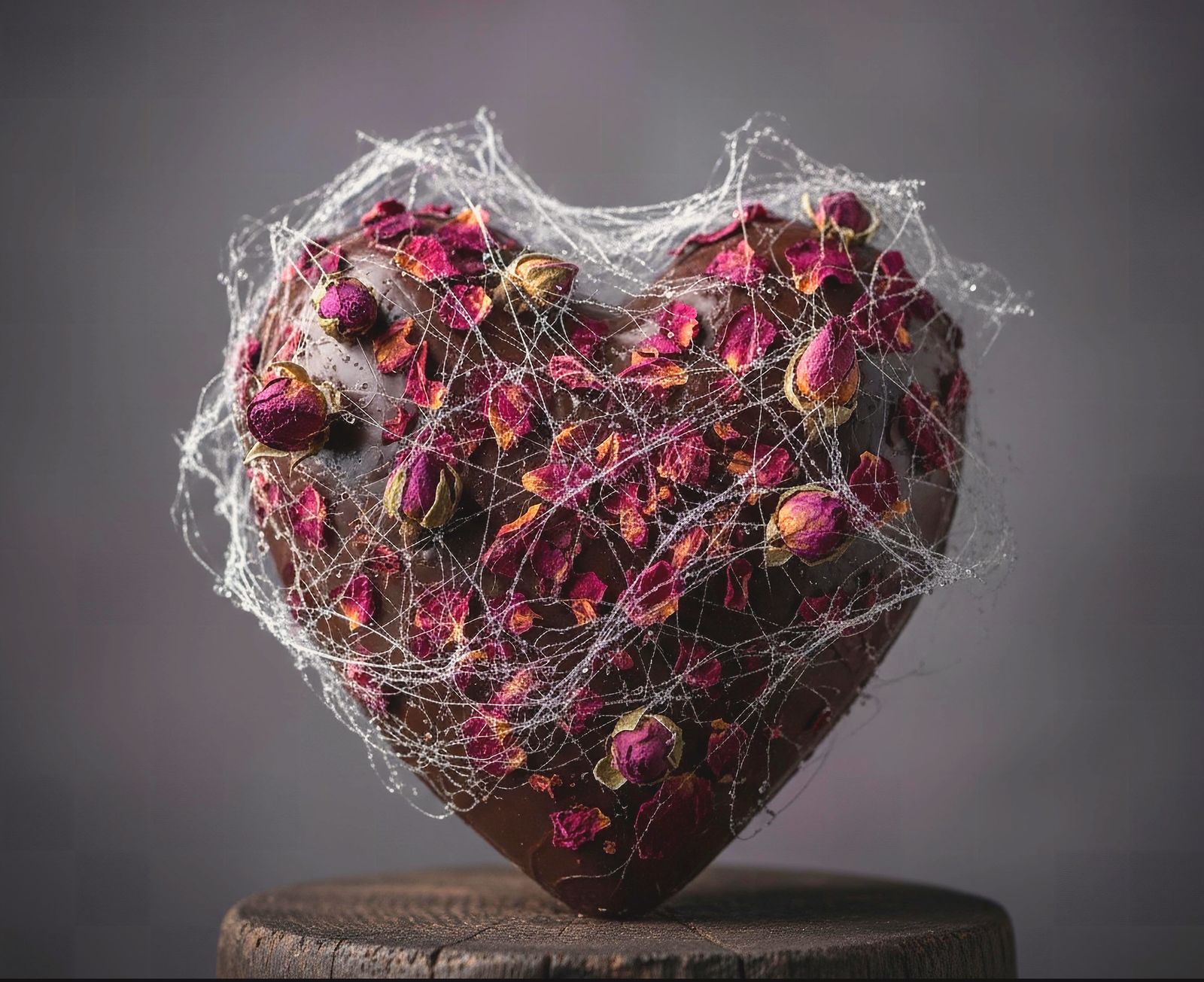 a chocolate heart decorated with dried roses and cobwebs