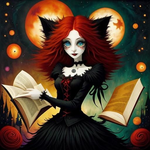 Cat Girl, Reading A Book By Andy Kehoe And Tim Burton. Big Sad Eyes, A 