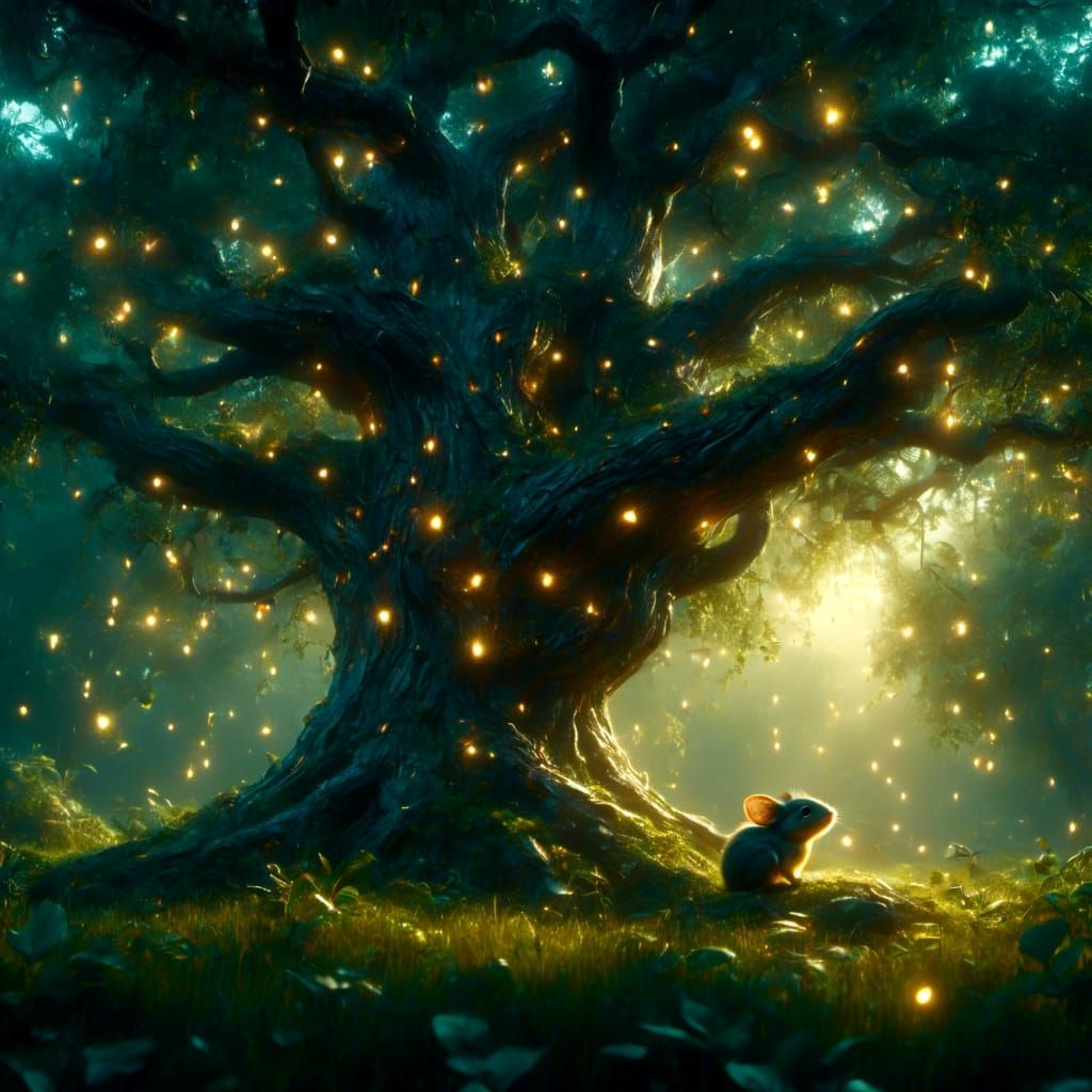 <lora:Dark and Light paint:1.0> <lora:Kyoot:1.2> ,Realism, Close up of cute tiny fireflies around a huge oak tree, Morning lighting, dew, il...