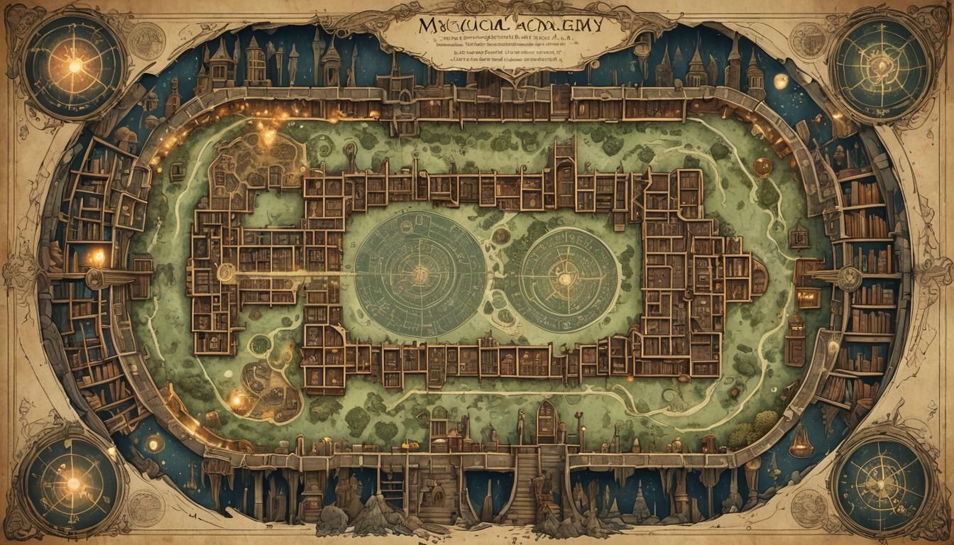 A magical academy map with arcane libraries, enchanted class...