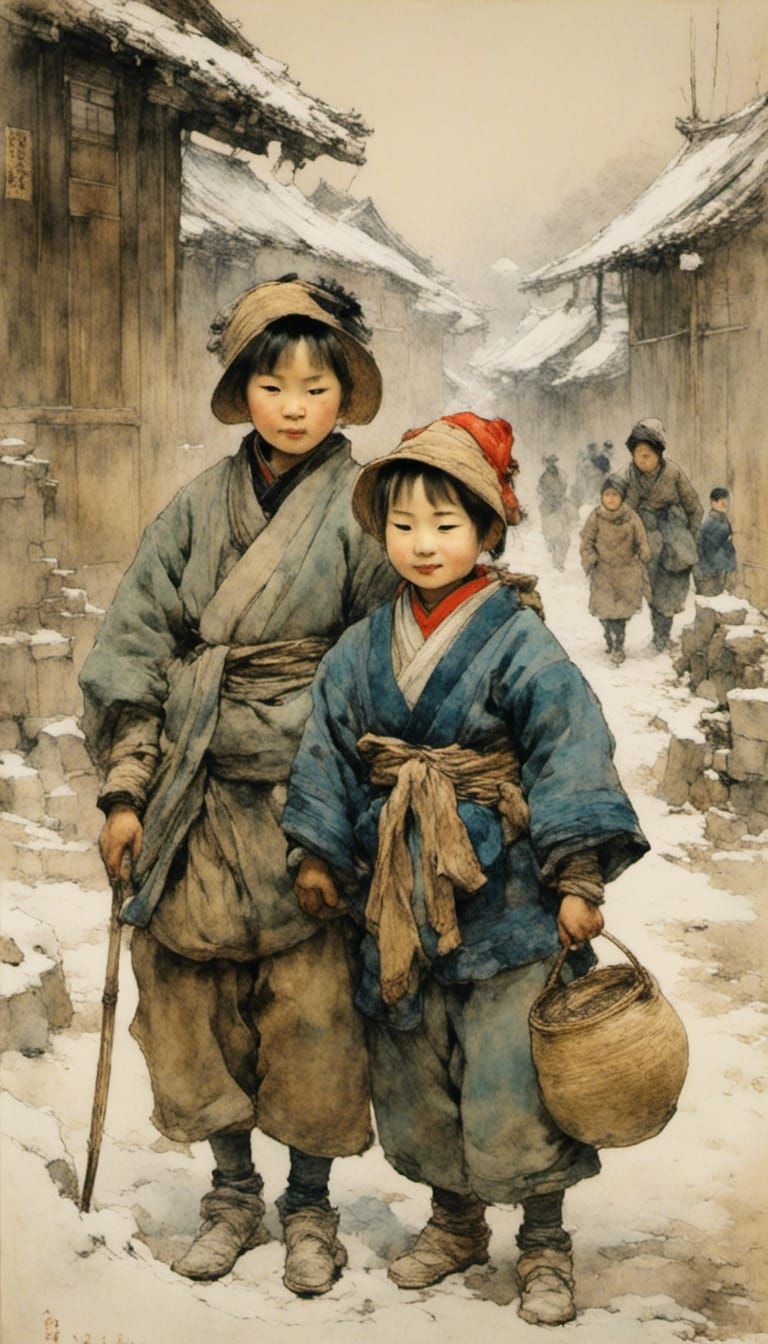 <lora:monstyle3:1.0> Rembrand portrait of two poor japanese 6 year old children from the 16th century, ...  by @Mat