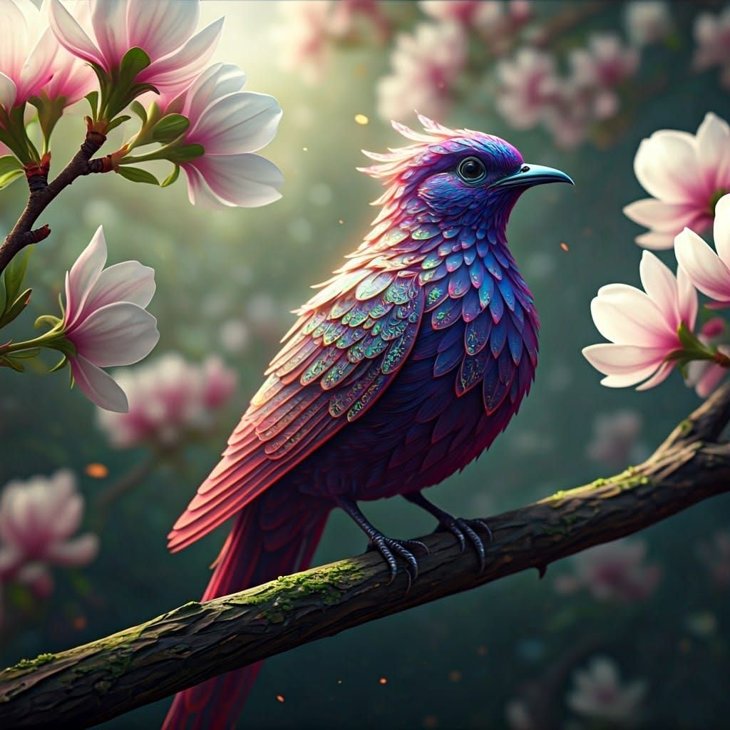 Fantastical Iridescent Bird Perched on a Blooming Tree