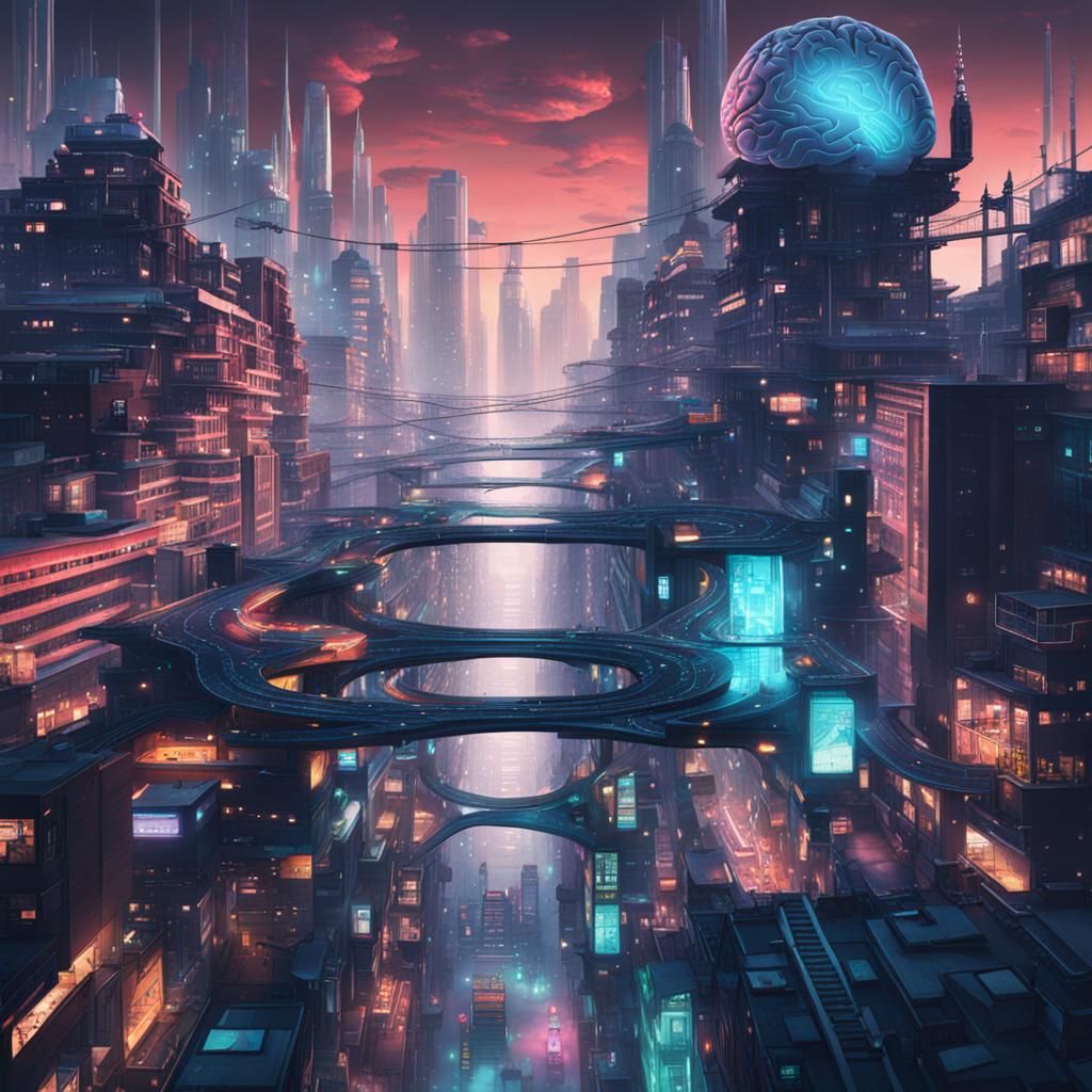 Cyberpunk Cityscape with Brain-Like Streets