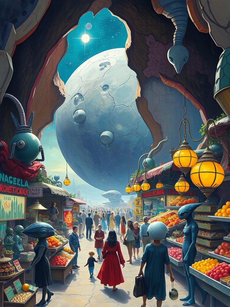 A bustling intergalactic bazaar set within a colossal, hollowed-out asteroid, where alien merchants display ...  by @The Artlete 
