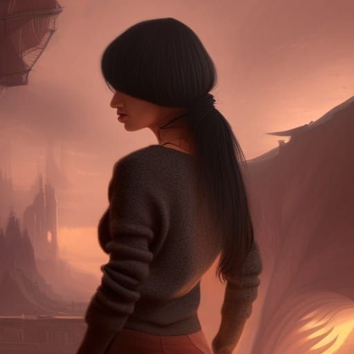sweater, woman, black tousled ponytail - AI Generated Artwork