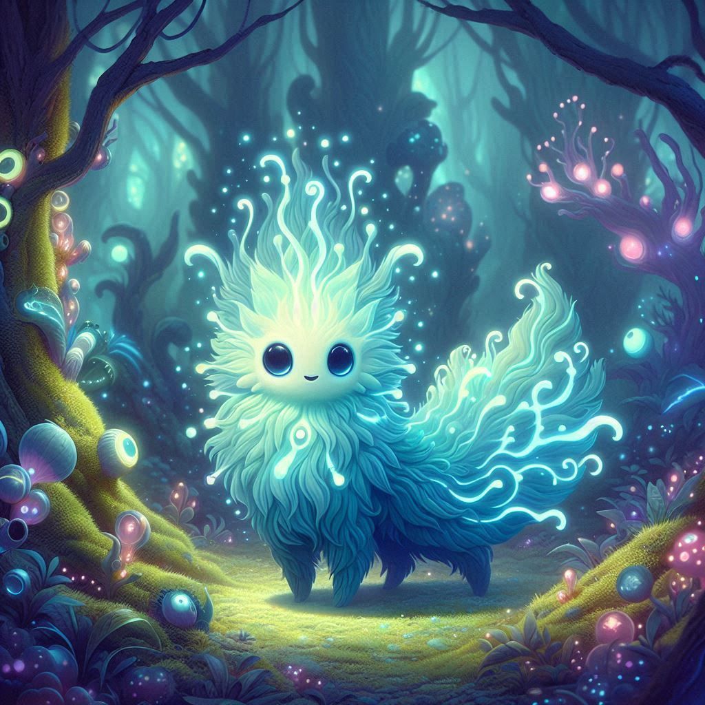 Mystical Bioluminescent Critter in Whimsical Forest This image shows a mystical creature with Bioluminescent fur in a whimsical forest. The ...