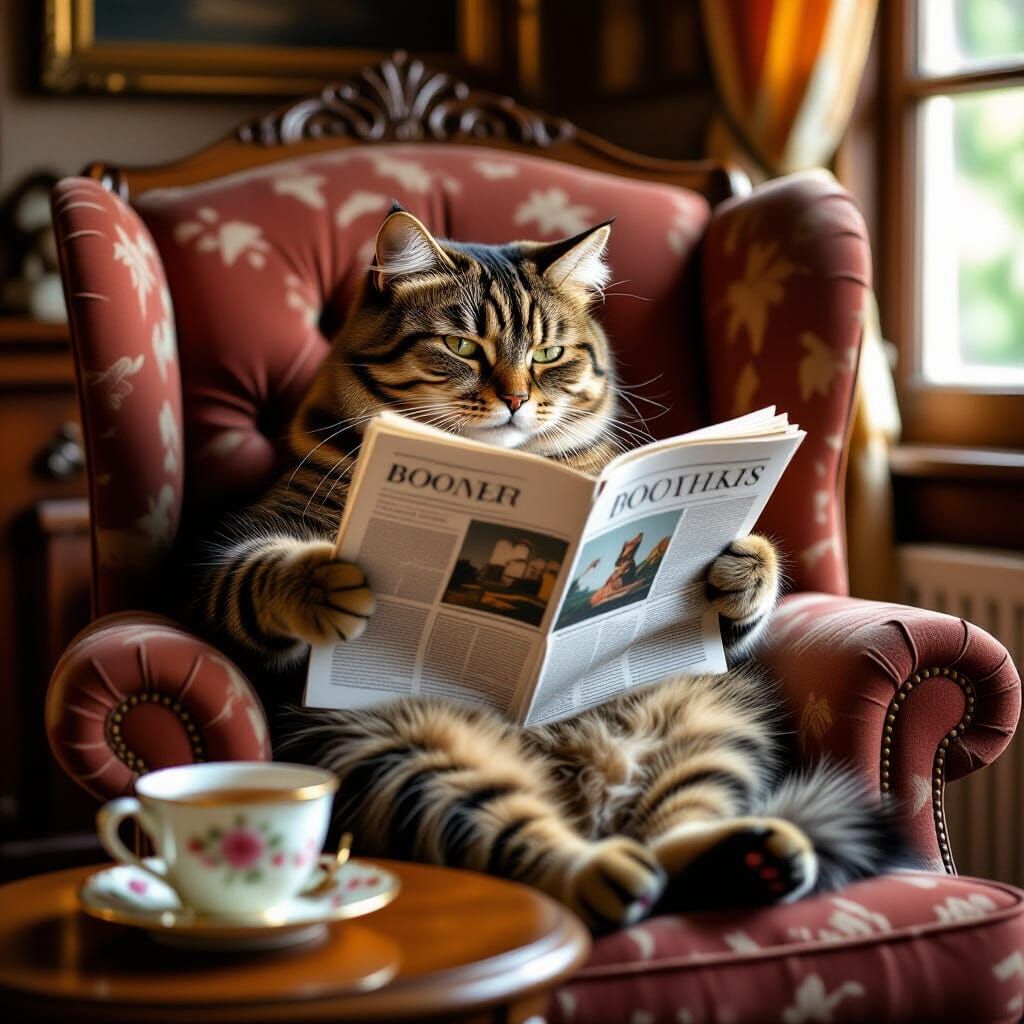 Boomer Cat Reading Newspaper in Armchair