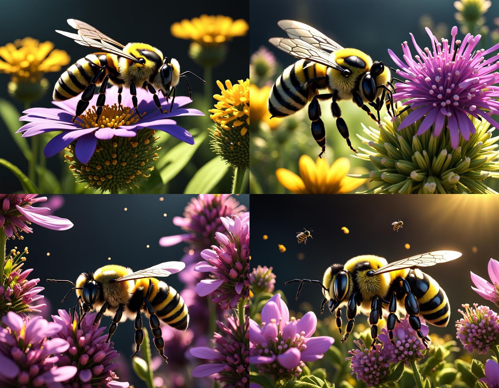 (A Bee pollinating flowers:1.3), cartoon, comical masterpiece, bulging pollen sacks, macro photography, pollen, dust, hy...