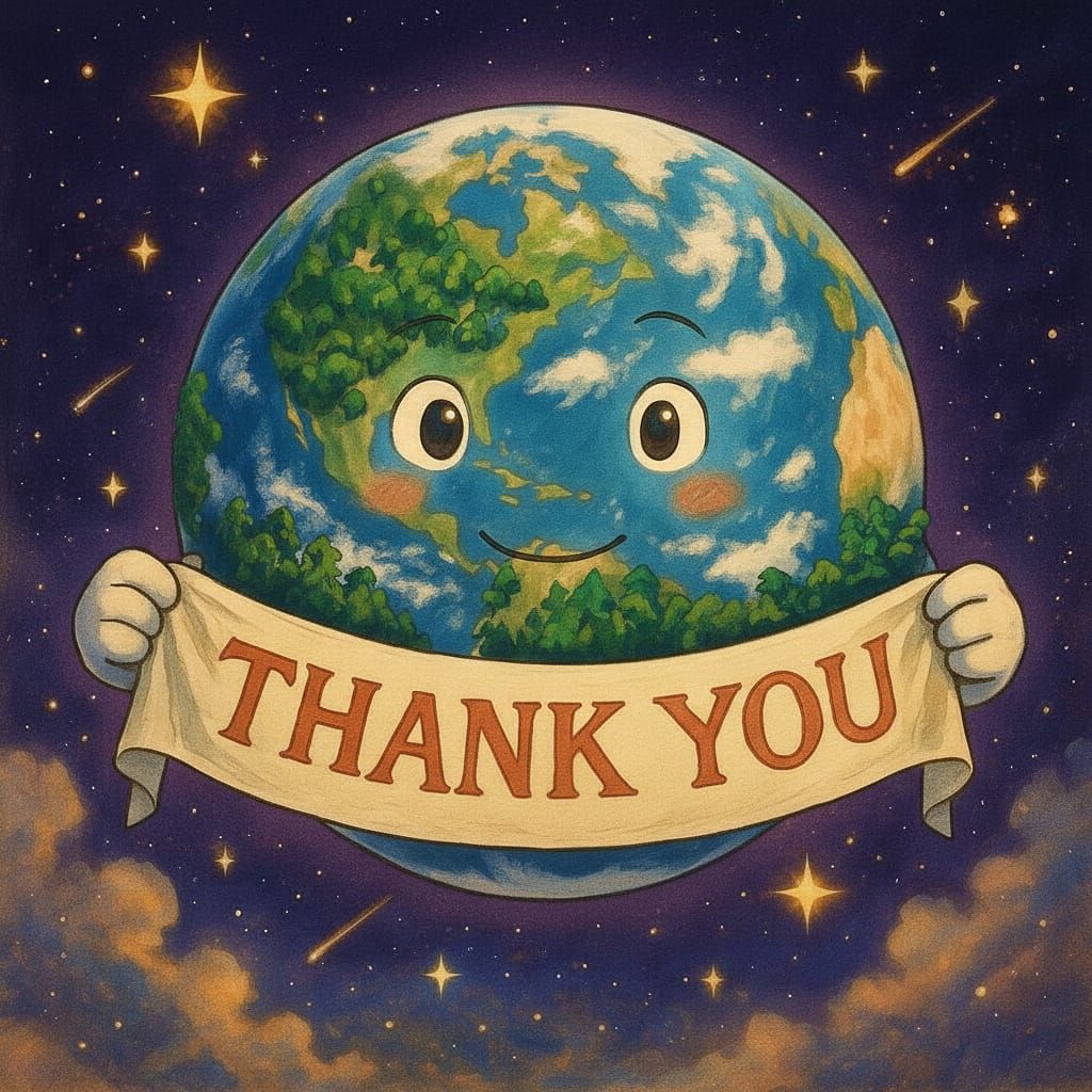 Picture the Earth as seen from outer space, holding a banner that reads "THANK YOU." The scene is rendered in a highly detailed, fantastical...