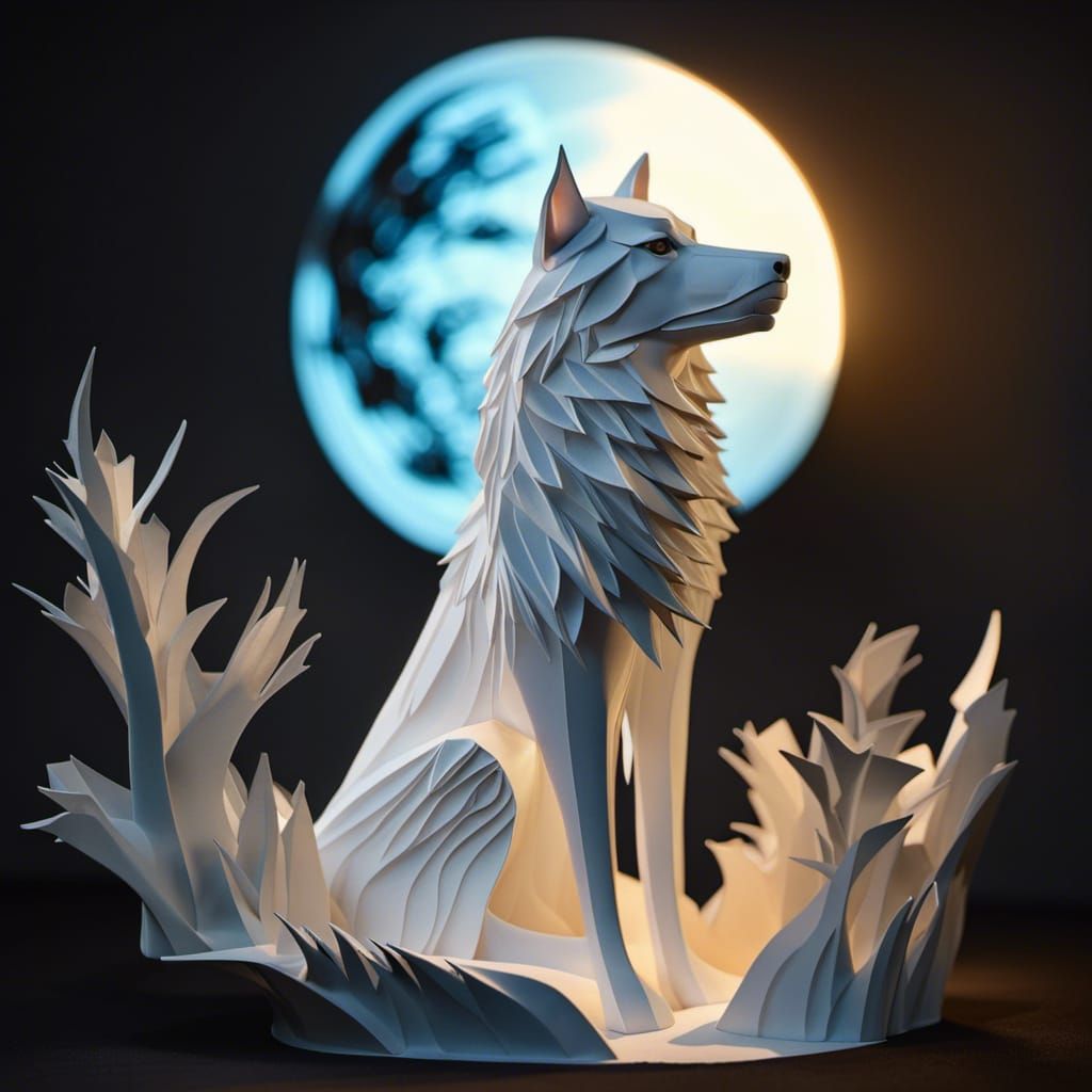 High poly 3d layered paper sculpture of „white wolf howling at the moon