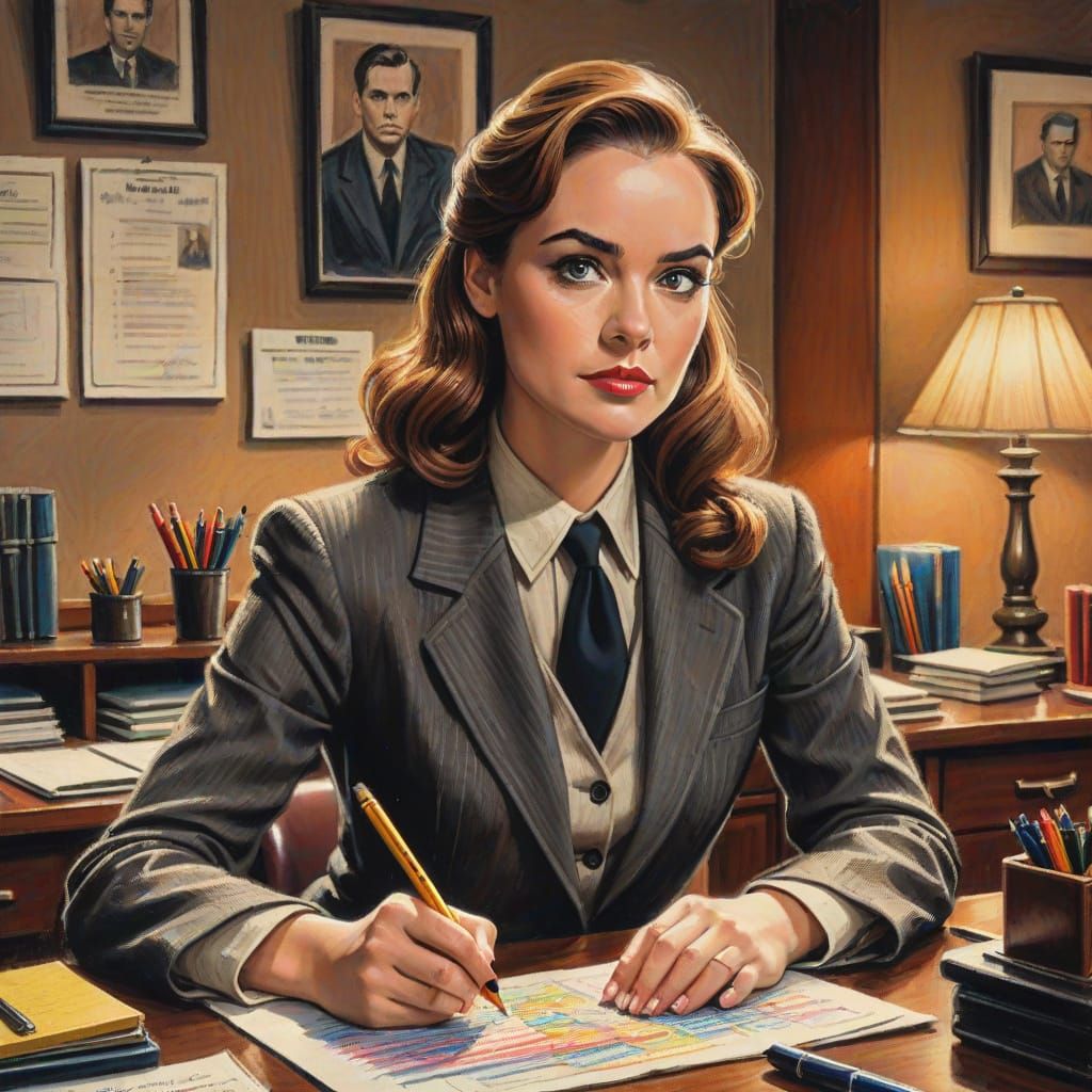 Crayon drawing of a secretary in a detective's office.